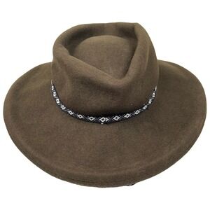 World Market Olive‎ Green Felt Wool Fedora Hat Beaded Band Wide Brim Boho